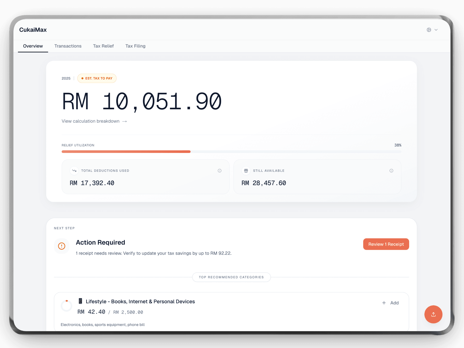 CukaiMax dashboard showing tax estimate and relief tracking