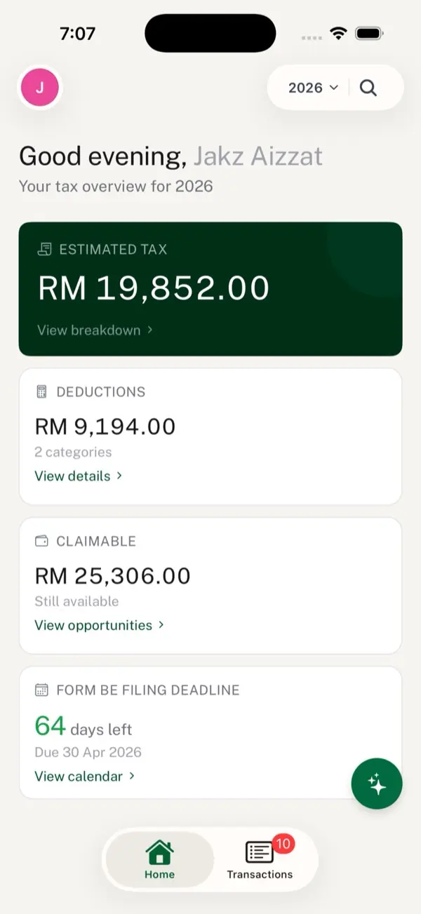CukaiMax iOS app home screen showing estimated tax, deductions, claimable amount and the filing deadline