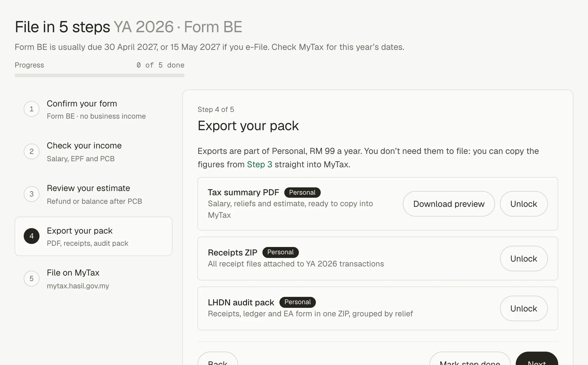 CukaiMax Tax Filing step 4: export a tax summary PDF, a receipts ZIP and an LHDN audit pack