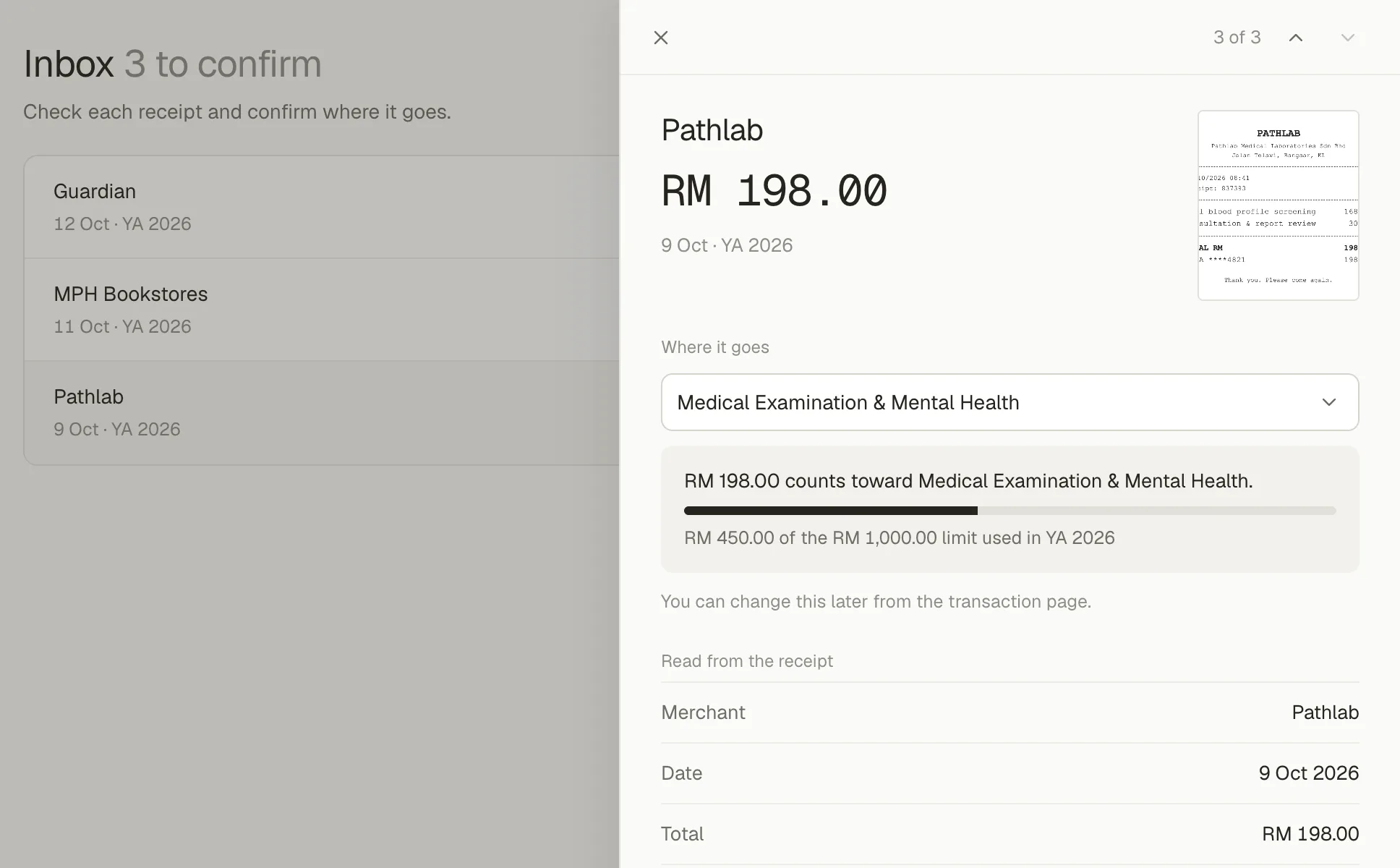CukaiMax Inbox with a Pathlab receipt open: the amount, the date and the LHDN relief it goes under, read from the receipt and ready to confirm
